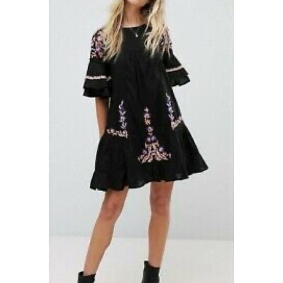 Free People Womens Pavlo Dress Embroidered Black Babydoll Boho Size S Petite - Picture 1 of 13